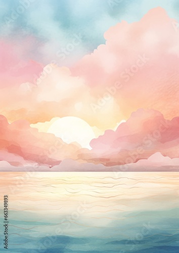 Landscape horizon sunset background summer sky cloud watercolor blue nature sea