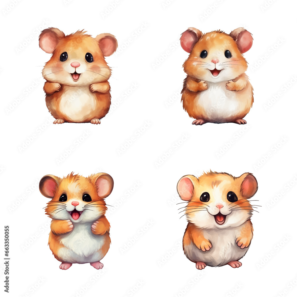 set of happy cute hamster watercolor illustrations for printing on baby clothes, pattern, sticker, postcards, print, fabric, and books