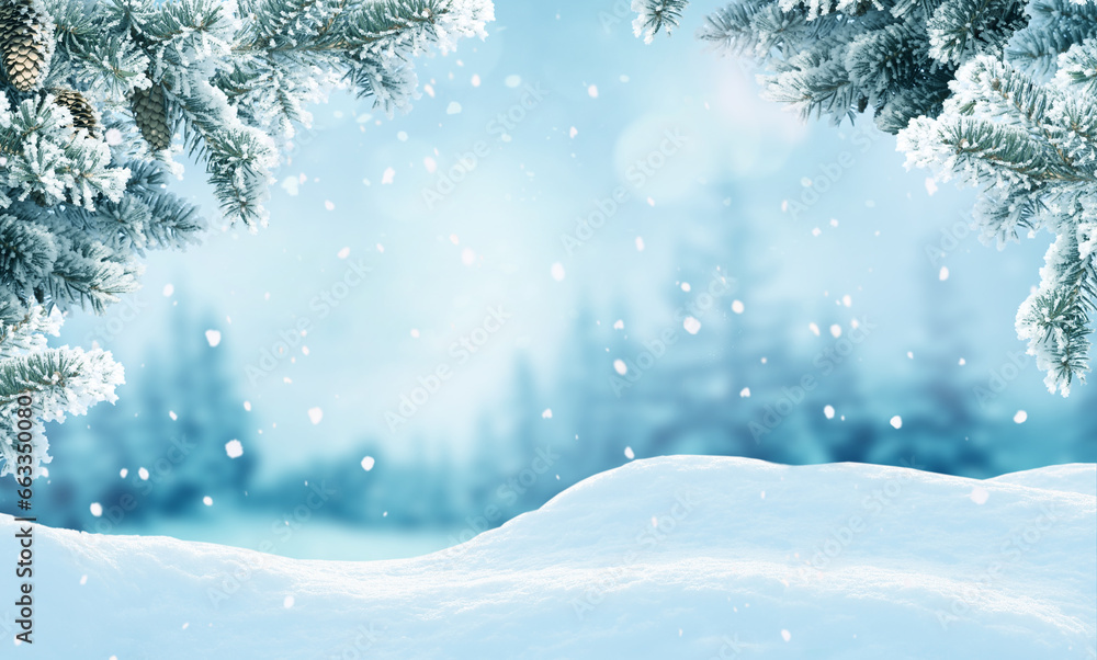 Snowfall in winter forest.Beautiful landscape with snow covered fir trees and snowdrifts.Merry Christmas and happy New Year greeting background with copy-space.Winter fairytale.