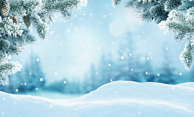 Snowfall in winter forest.Beautiful landscape with snow covered fir trees and snowdrifts.Merry Christmas and happy New Year greeting background with copy-space.Winter fairytale.