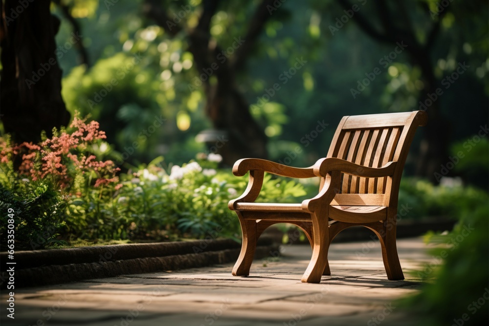 Blurred garden backdrop frames the rustic charm of a wooden chair Blurred garden backdrop frames the rustic charm of a wooden chair