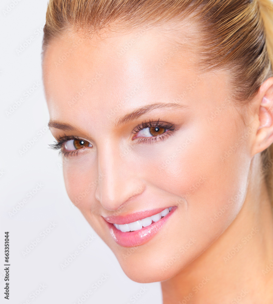 Face, skincare and portrait of woman for beauty, facial treatment and cosmetics on white background. Dermatology, spa and isolated person for natural skin, wellness and luxury aesthetic in studio Face, skincare and portrait of woman for beauty, facial treatment and cosmetics on white background. Dermatology, spa and isolated person for natural skin, wellness and luxury aesthetic in studio