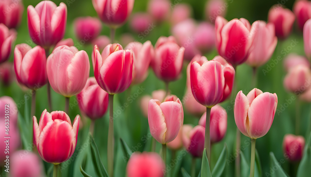 Tulip red and pink on a natural green background. Tulip red and pink on a natural green background.