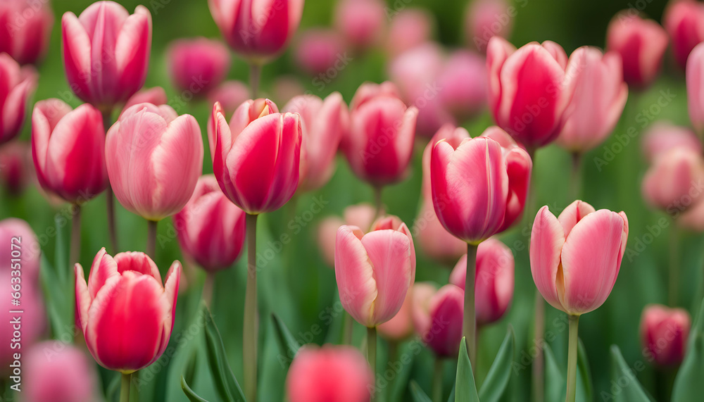 Tulip red and pink on a natural green background.