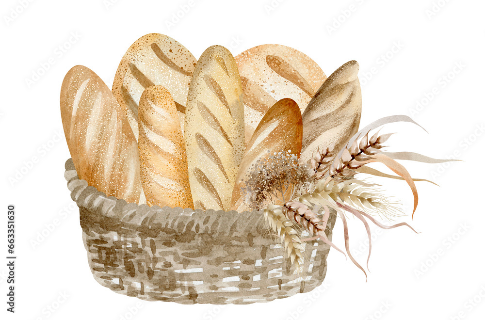 Homemade whole grain bread in a wicker basket. 