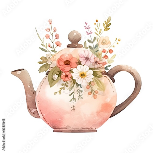 Fototapeta Naklejka Na Ścianę i Meble -  Bouquet of flower in the teapot. Cute teapot with spring flowers isolated on white background. Love tea. Design for greeting cards, poster, print, sticker. Tea shop or store watercolor concept