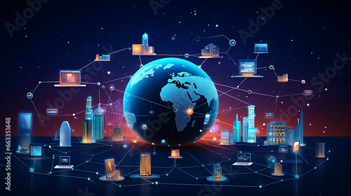 a global network of interconnected devices and data streams, with digital icons representing various industries, illustrating the impact and reach of technology in the business world