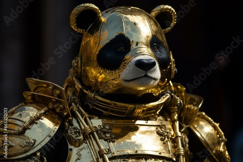 Panda bear in advanced gold armor. Generative AI © Esme