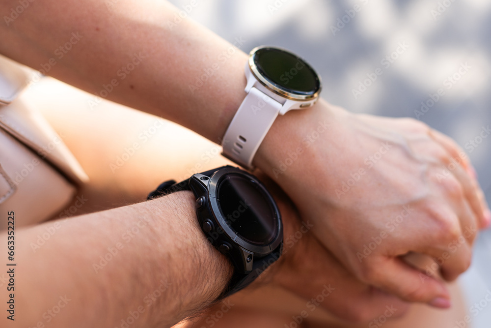 Fototapeta premium Wrist watch on arm and on white background.
