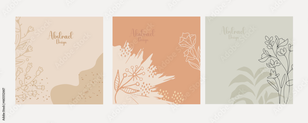 Editable vector template featuring delicate floral elements on neutral pastel backgrounds. Ideal for wedding invitations, social media posts, cards, covers, posters, mobile apps, and web ads.