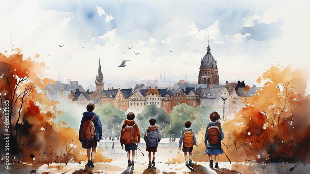 row of children with backpacks view back to school abstract European old town on white background, watercolor painting design drawing - obrazy, fototapety, plakaty 