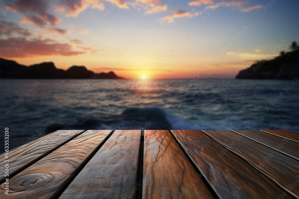 Coastal serenity Wooden table, blurred beauty of a sea sunset