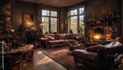 The interior of the writer's living room with a fireplace and a leather sofa.