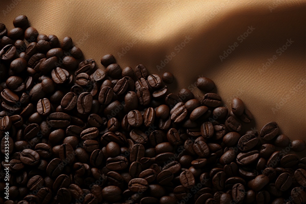 Coffee beans and aroma Sackcloth backdrop, view from above, 3D