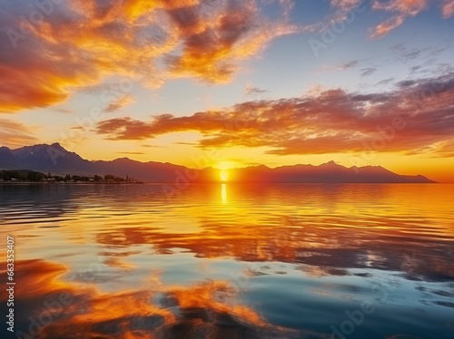 Bright sunset over Lake golden clouds reflect in the water.