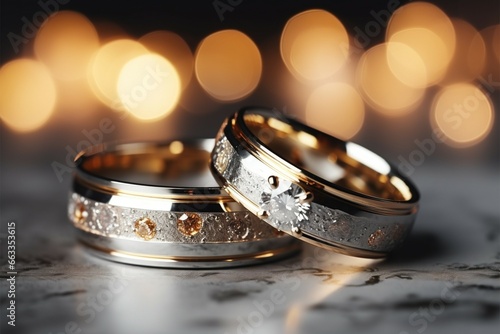 Closeup of wedding rings on a glittering bokeh background with space for text