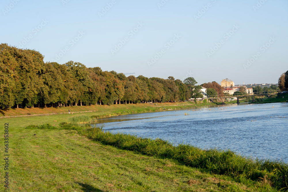 River and shore view, river bank in the city 