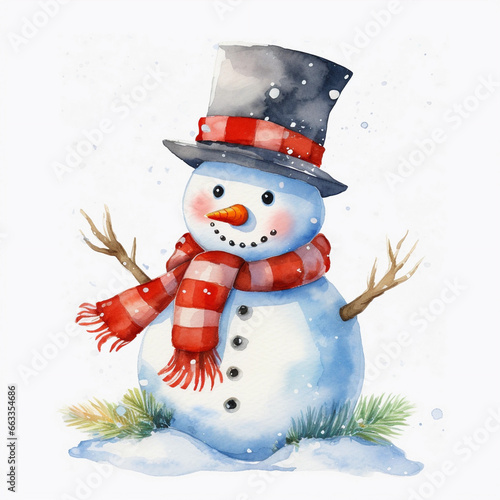 Cute watercolor snowman with black hat and red scarf, with carrot nose, christmas clipart. Generative AI. photo