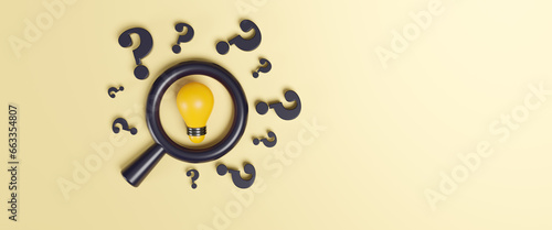 Light bulb and question mark. Light bulb and idea checking icon inside magnifier glass, solution and innovation concept. Creative thinking idea. New idea with innovation and inspiration. 3d rendering