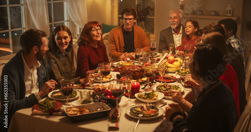 Family  Children  Friends and Young Couples Gather at Home for a Festive Christmas Evening. Diverse People Enjoy Delicious Turkey Feast and Share Heartwarming Conversations. Cozy Holiday Celebration