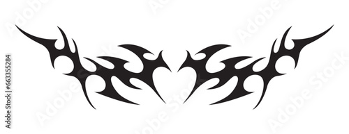 Tribal shape black silhouette with abstract heart. Gothic tattoo design. Trendy y2k and 90s stencil. Ethnic vector graphic