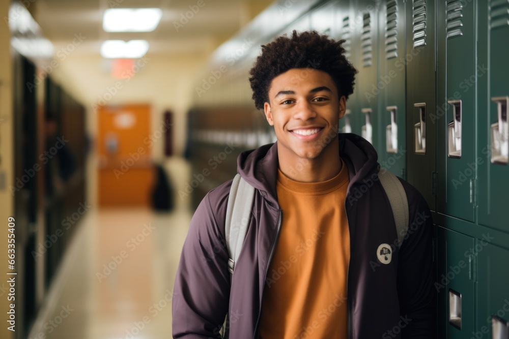 Smiling Portrait of a young male student in a school hallway - obrazy, fototapety, plakaty 