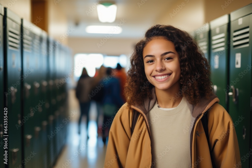 Smiling Portrait of a young female student in a school hallway - obrazy, fototapety, plakaty 