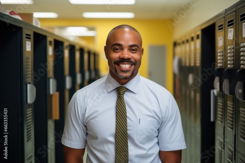 Smiling Portrait of a middle aged gym teacher in a locker room