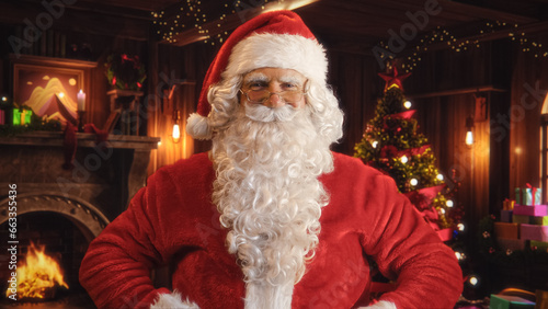 Happy Senior Santa Claus Looking at Camera and Posing at Festive Decorated Home, Holding a Big Red Bag with Gifts for Children. Christmas, New Year, Holiday Celebration