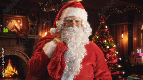 Happy Senior Santa Claus Looking at Camera and Posing at Festive Decorated Home, Holding a Big Red Bag with Gifts for Children. Christmas, New Year, Holiday Celebration