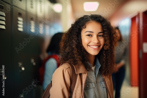 Smiling Portrait of a young female student in a school hallway