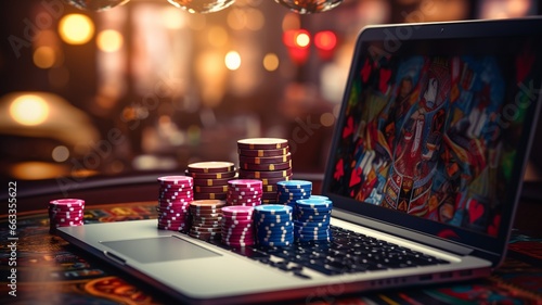 Someone playing online casino on their computer in a casino atmosphere with cards and chips on a green blue carpet  photo