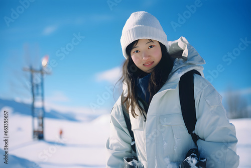 Happy asian woman walking on the snow at ski resort, pretty woman having fun in snow mountain on cold winter day