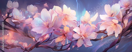 Pastel neon flowers with a magical aura, background illustration
