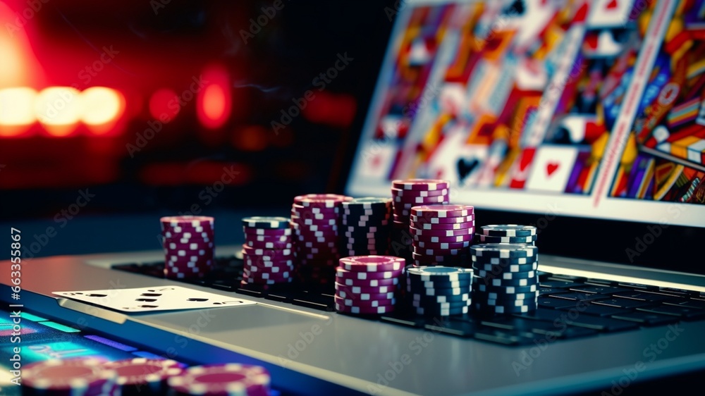 Someone playing online casino on their computer in a casino atmosphere with cards and chips on a green blue carpet Someone playing online casino on their computer in a casino atmosphere with cards and chips on a green blue carpet