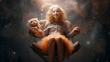 Smiling girl sitting on a chair floating in space holding a rabbit doll.