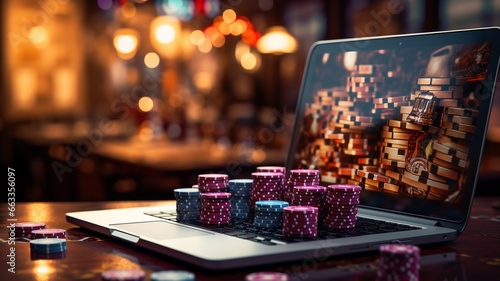 Someone playing online casino on their computer in a casino atmosphere with cards and chips on a green blue carpet  photo