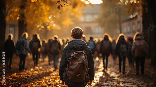 view from the back children go to school with backpacks on autumn street back to school