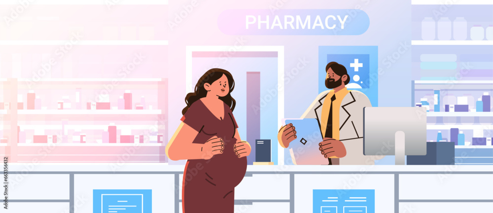 Pharmacist selling medications to pregnant woman future mom in drug store pregnancy motherhood expectation