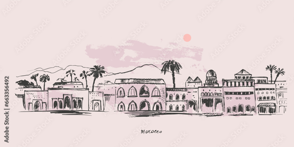 Hand drawn urban sketch of moroccan city buildings.