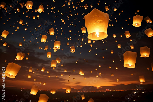 Glowing Lanterns: Radiant Lights Ushering in the New Year, Illuminating the Night with Hope and Celebration. New year celebration. photo