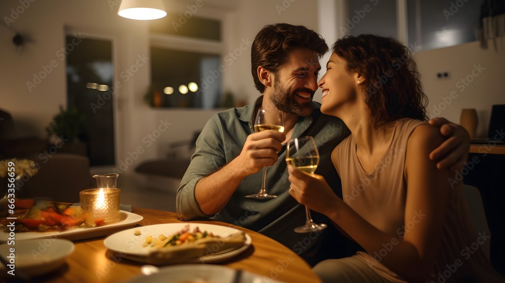 Happy young couple having dinner at home, romantic marriage man and woman celebrating wedding anniversary in kitchen at home - obrazy, fototapety, plakaty 
