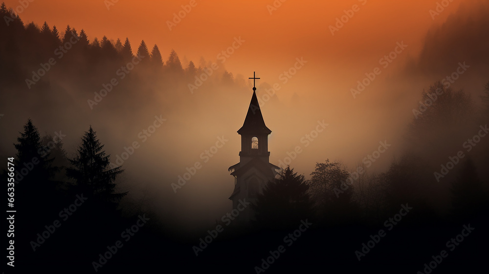 church in the night fog in the European mountains landscape panoramic view church in the night fog in the European mountains landscape panoramic view