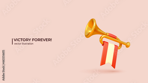 3d Gold Trumpet. Realistic 3d design of Golden Fanfare with White and Red Flag. 3D Vector illustration in cartoon minimal style.