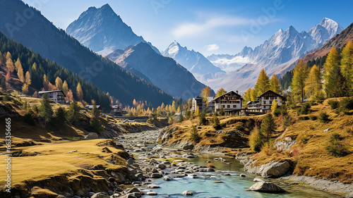 landscape panorama drone view indian summer in the mountains alpine landscape rocks river and autumn forest