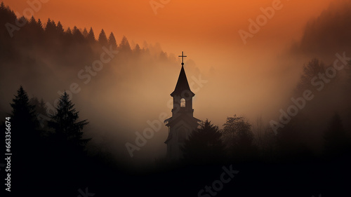 church in the night fog in the European mountains landscape panoramic view