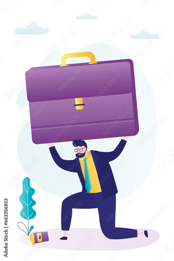 Burnout, emotional pressure and workload. Worker man or businessman tries to lift giant briefcase. Job challenges and responsibilities, problems at job. Workload is too heavy.