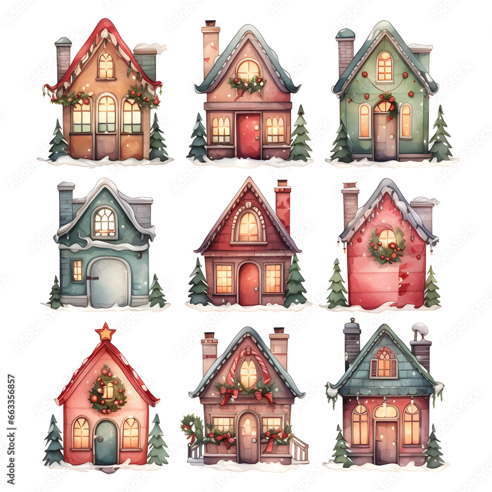 collection of christmas house set, decorate for christmas season with red and green color, christmas watercolors, watercolor illustration