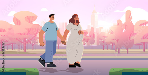 pregnant woman future mom walking outdoor with husband pregnancy motherhood expectation happy family concept