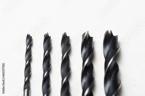 Close-up shot of wood drill bits of different sizes
